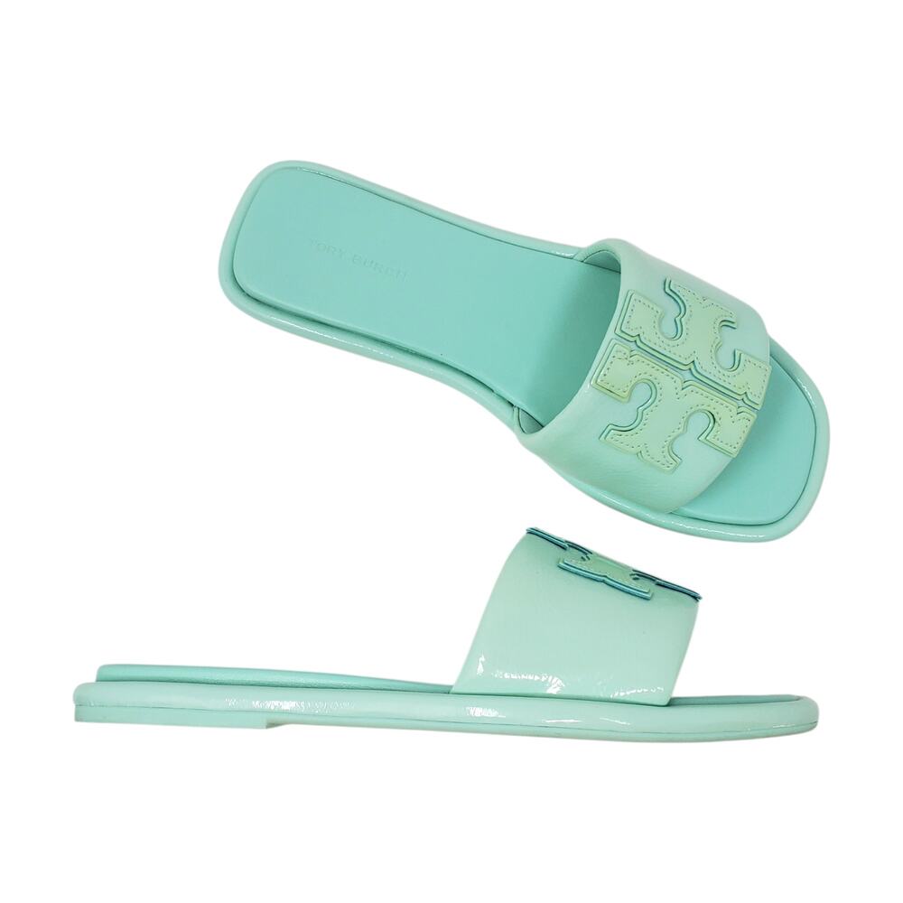 Tory Burch Double T Sport Slide Sandals Caribbean Mist Leather 141380 Size 7 M